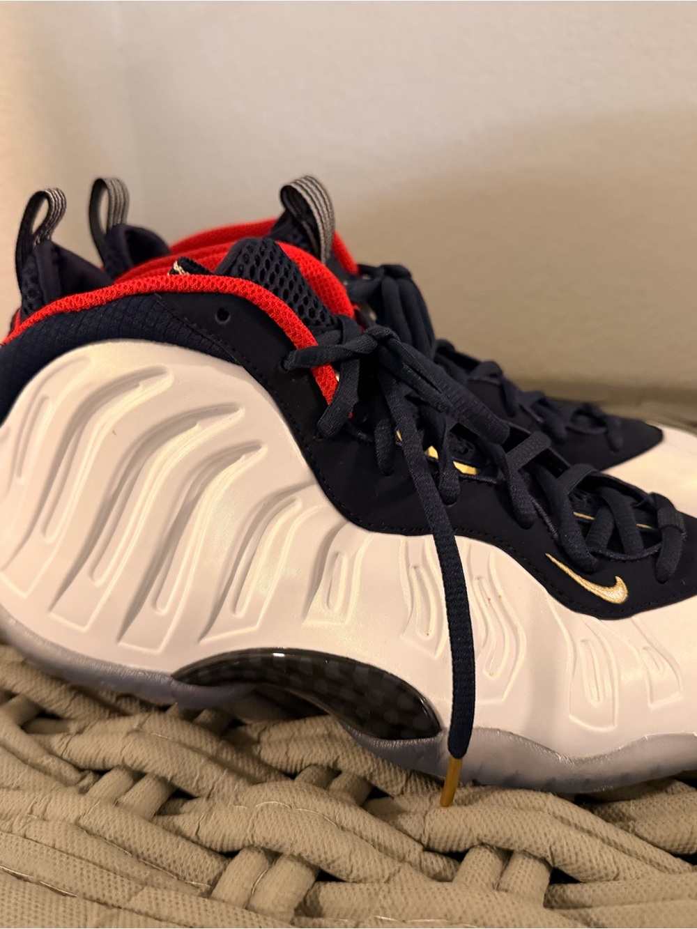 Nike Kids White, Navy & Red Foamposite Sneakers with Gold Swoosh